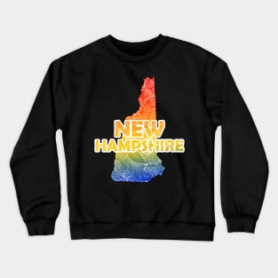 Colorful mandala art map of New Hampshire with text in blue, yellow, and red Crewneck Sweatshirt